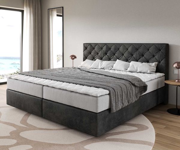 Boxspringbett Dream-Great Mikrofaser Anthrazit Vintage 200x200 cm mit Taschenfederkernmatratze und Topper Visco