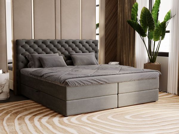 GRAINGOLD Bergamo Bett 140x200, Boxspringbett mit Bettkasten und Lattenrost, Velour-Stoff, Dunkelgrau