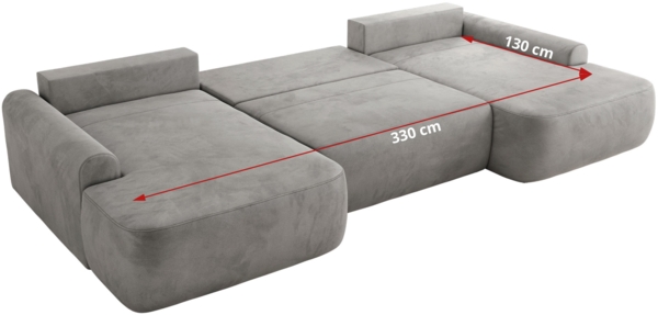U-förmige Ecke, Ecksofa mit schlaffunktion und bettkasten, lose kissen, Wellenfeder, Big sofa XXL - CUBO U - Hellgrau Velours Bild 7
