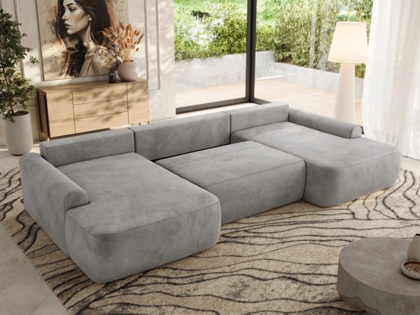 U-förmige Ecke, Ecksofa mit schlaffunktion und bettkasten, lose kissen, Wellenfeder, Big sofa XXL - CUBO U - Hellgrau Velours Bild 4