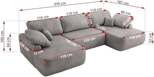 U-förmige Ecke, Ecksofa mit schlaffunktion und bettkasten, lose kissen, Wellenfeder, Big sofa XXL - CUBO U - Hellgrau Velours Bild 8
