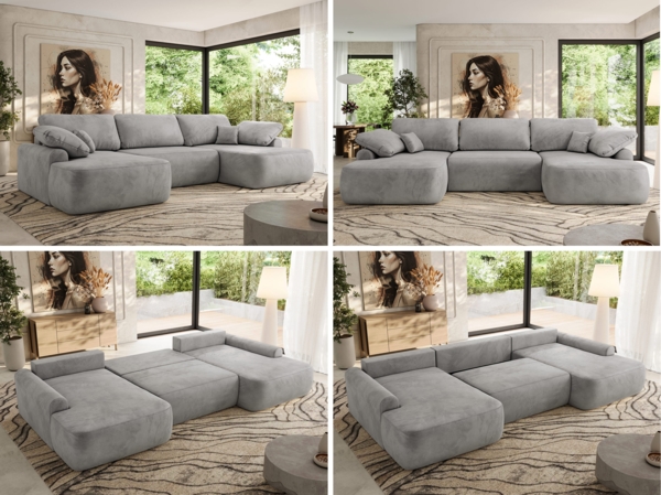 U-förmige Ecke, Ecksofa mit schlaffunktion und bettkasten, lose kissen, Wellenfeder, Big sofa XXL - CUBO U - Hellgrau Velours Bild 2