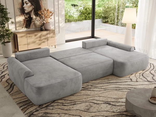 U-förmige Ecke, Ecksofa mit schlaffunktion und bettkasten, lose kissen, Wellenfeder, Big sofa XXL - CUBO U - Hellgrau Velours Bild 3