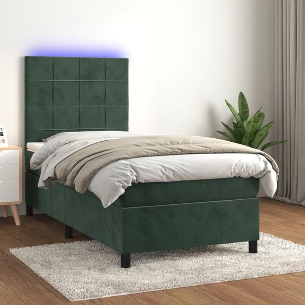 vidaXL Boxspringbett mit Matratze & LED Dunkelgrün 90x200 cm Samt 3136104