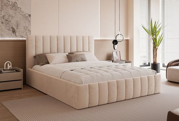 Goldstoff Polsterbett Elegantes Bett "ELVANO" mit hohem Kopfteil und großem Stauraumfach (120–200x200 cm, Kopfteilhöhe: 90/110 cm, Seitenhöhe: 25/40 cm), Schlafkomfort trifft Design – stilvolles Bett mit Stauraum