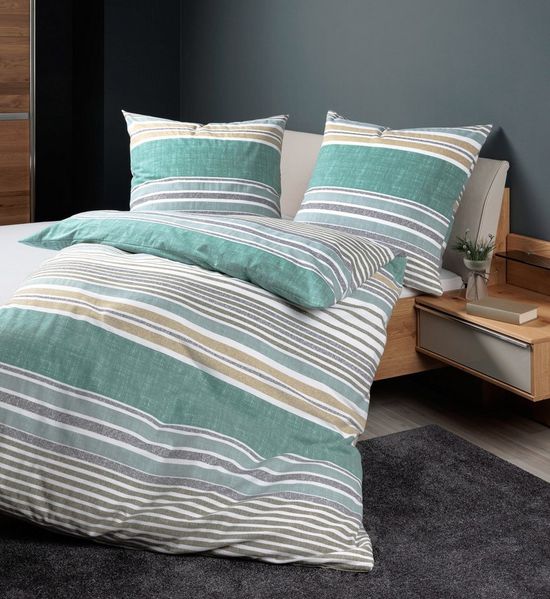 Janine Bettwäsche Edel Baumwolle, Flanell, 2 teilig, gestreift, grün, weiß, beige, grau