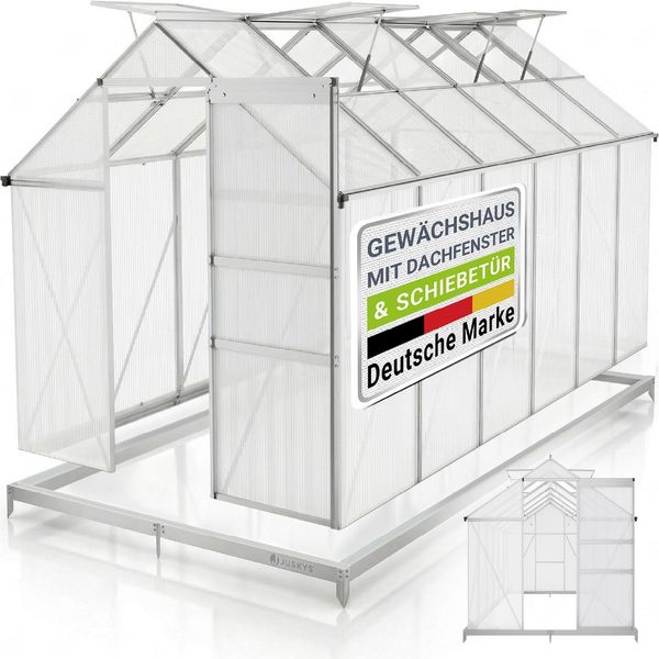 JUSKYS® Gewächshaus 7,2 m² - Aluminiumgestell & Stahlfundament, UV-beständig, abschließbare Schiebetür, belüftbare Dachfenster 61x57 cm