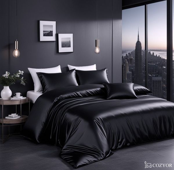 Cozyor Bettwäsche Satin glänzend 135x200, 155x200, 155x220, 200x200cm mit Reißverschluss, Satin, schwarz Eclipse, 3 teilig, Edel und hochwertig