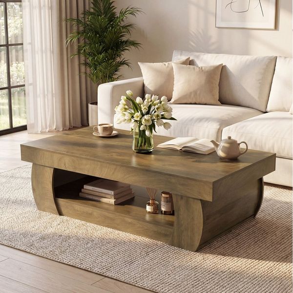 Tribesigns Couchtisch 140 cm Rechteckiger Couchtisch mit Ablage, 2 Ebenen Wohnzimmertisch (Packung, Großer Sofatisch Holz für Wohnzimmer, Rustikal Braun), 2 Ebenen Wohnzimmertisch im Landhausstil