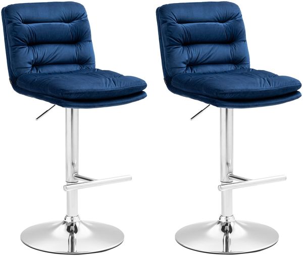Barhocker 2er Set TURIN - Blau, Samt, Chrom Barhocker mit Lehne Barstuhl Tresenhocker Tresenstuhl Kneipenhocker Kneipenstuhl