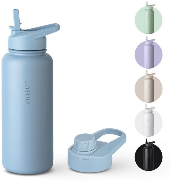 Vinsun Isolierflasche Edelstahl Trinkflasche 750ml Strohhalm - 2 Deckel Thermoflasche, BPA frei, doppelwandig, auslaufsicher, bruchsicher, geruchsneutral