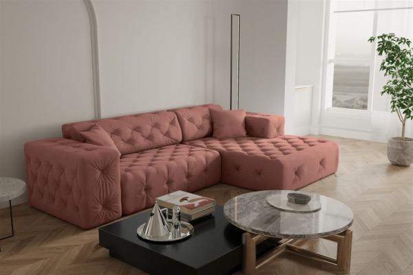 Ecksofa Designersofa CHANTAL in Stoff Opera Velvet Koralle Ottomane Rechts