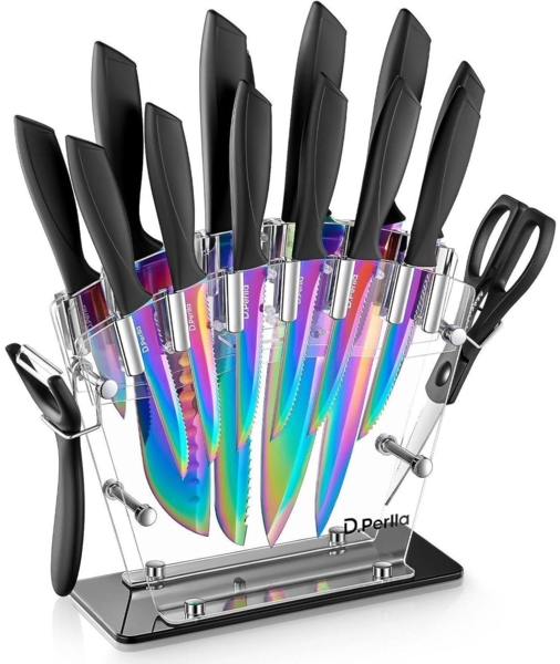 Messerblock 16 TLG Messer Set Regenbogen Titanbeschichtung Acrylhalter Edelstahl