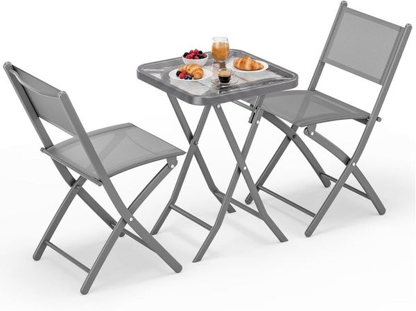 TLGREEN Balkonset Klappbar Balkonmöbel Set 3-teilig, (Wetterfest Bistroset mit Glasplatte & Textilene-Stühlen, 1 Klapptisch + 2 Klappstühle), Platzsparend für Kleinen Balkon Terrasse Garten