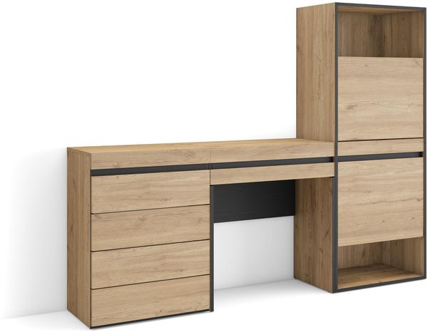 Skraut Home | Schuhregal, Schuhschrank | Schuhaufbewahrung | 187 x 145 x 35 cm | Für Schlafzimmer, Zimmer | Kommode mit Schubladen | Schminktisch | Moderner Stil | Eiche