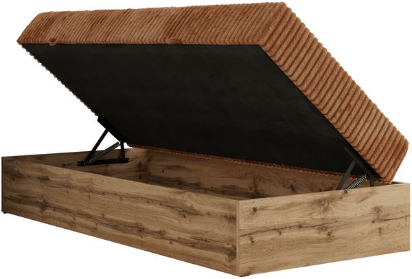 Boxspringbett, Einzelbett WOOD ZERO 90 x 200 cm, Hotelbett ohne Kopfteil, Bett mit Stauraum, 7-Zonen Multipocket-Matratze - Orange Cordstoff - H3 - Topper Visco Bild 5