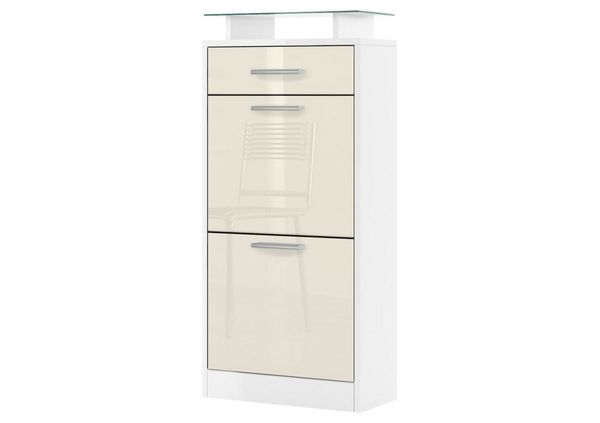 Vladon Schuhschrank Loret V2, Schuhkipper für 8 Paar Schuhe mit 2 Klappen, 1 Schublade und Glasablage, Weiß matt/Creme Hochglanz (46 x 104 x 23 cm)