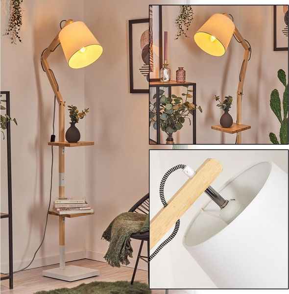 hofstein Stehlampe Stehlampe aus Holz/Metall/Stoff in Natur/Weiß, ohne Leuchtmittel, verstellbare Leuchte im Boho-Design mit Ablageflächen u. Schalter, E27
