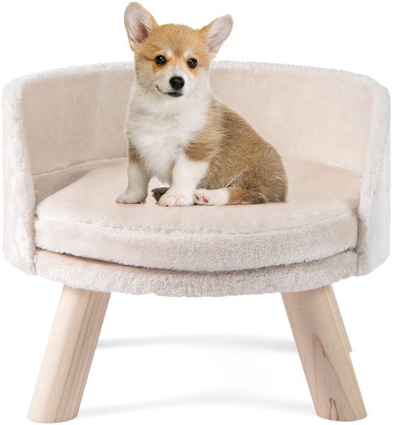 42 cm Hundesofa Bett Hundecouch mit Rundem Gepolstertem Kissen 4 Kiefernholzbeine & Rückenlehne Beige