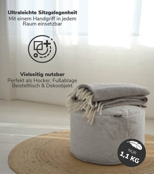 mokebo Pouf Der Flauschige (rund und aus Kunstfell), kuscheliger Sitz-Hocker, Fußhocker oder Hocker in Felloptik in Grau