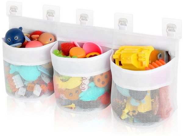 HEYHIPPO Badorganizer Badezimmer Badespielzeugnetz 60×35cm 3 Taschen,klebbar,ohne Bohren (PVC-Netz, schnelltrocknend, schimmelresistent, weiß, Wandbehang), Aufbewahrungs-Hängetasche, atmungsaktive Netztasche für Badespielzeug