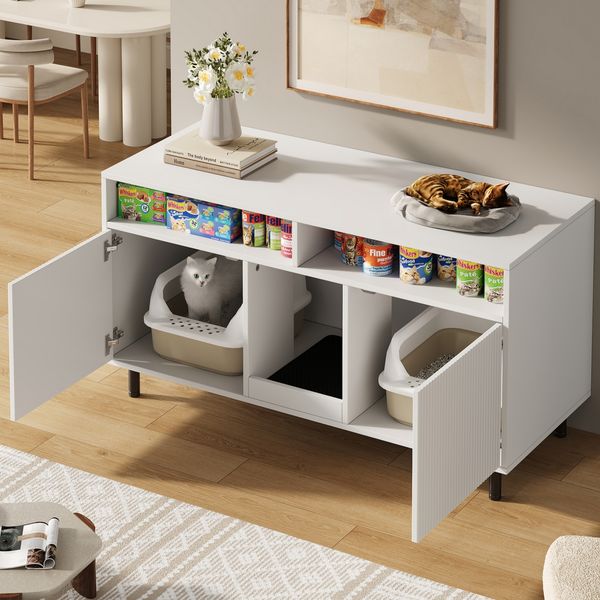 Sideboard 120x50x66 cm, Katzenklo-Schrank mit Doppeltüren, Fangmatte und offenen Fächern, Weiß
