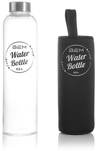 BEM Trinkflasche Water Bottle aus Glas mit Edelstahldeckel, BPA-frei Spülmaschinenfest Silikonhülle Borosilikatglas Wasser Flasche
