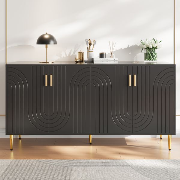 Sideboard aus MDF mit Wellenfront, 152x40x75 cm, schwarz, goldfarbene Griffe und Füße