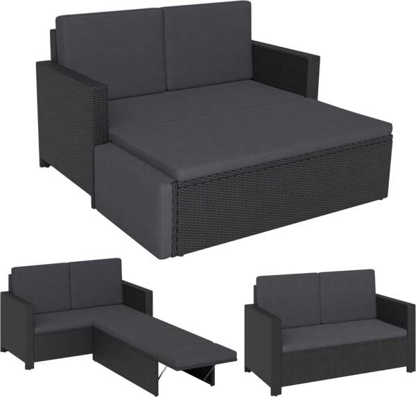 STEELSØN 'Elnath' Gartensofa 2er-Sitzer inkl. Kissen, schwarz/anthrazit, aus Polyrattan, mit Hocker