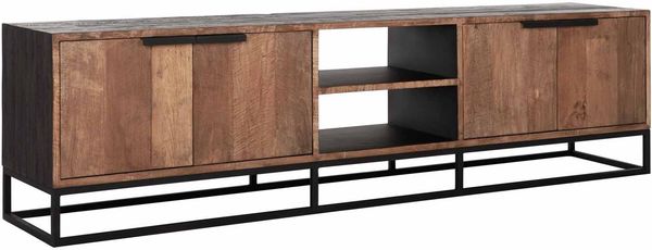 TV Board Cosmo, Teakholz massiv, Industrial Design, 205 cm, natur, schwarzes Metallgestell