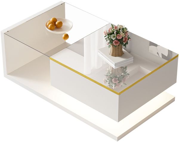 90 cm langer Couchtisch, Hochglanz-Weiß. Beistelltische, Couchtische mit Glas und LED-Effekt