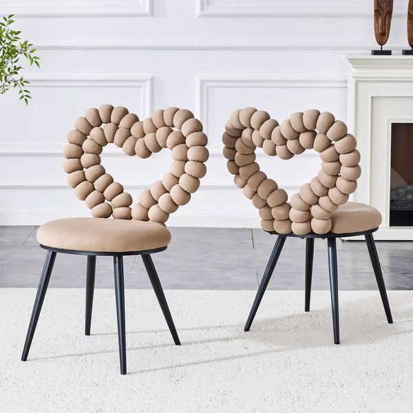 Esszimmerstuhl 2er-Set mit herzförmigem Kugelketten-Ausschnitt, samtgepolstert, ergonomisch, modernes Metallgestell,Kamel