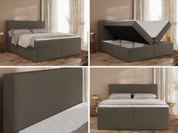 Boxspringbett mit Multipocket-Matratze und Topper, Doppelbett, Struktur dekostoff, Polsterbett mit Bettkästen - JAGUAR - 200 x 200 cm - Braun Struktur - H3 Bild 2