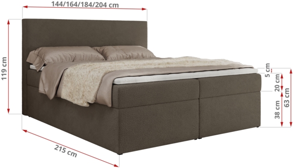 Boxspringbett mit Multipocket-Matratze und Topper, Doppelbett, Struktur dekostoff, Polsterbett mit Bettkästen - JAGUAR - 200 x 200 cm - Braun Struktur - H3 Bild 6