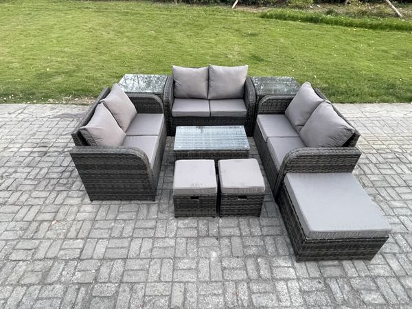 Fimous Polyrattan Gartenmöbel Set Garten Sofa im Freien Set mit Love Sofa Couchtisch 2 Beistelltischen 3 Hockern Dunkelgrau Gemischt
