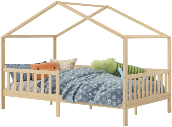 Bellabino 'Bia' Hausbett 120x200 cm mit Matratze, natur, Kiefer Massivholz, Montessori Kinderbett mit Rausfallschutz und Lattenrost