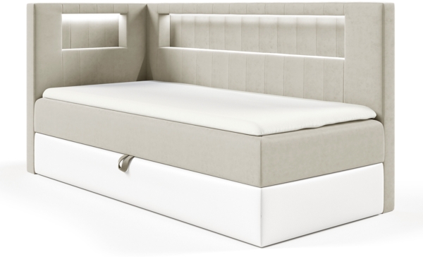 MEBLINI Kinderbett mit Bettkasten GARETH 3 80x200 Links - H3/Beige Samt Gepolstert Einzelbett mit Matratze - Polsterbett mit Stauraum - Bett mit Kopfteil – Stauraumbett