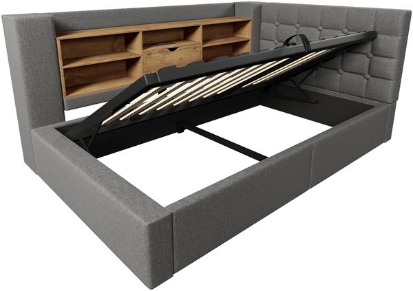 Merax Einzelbett 90x190 cm Polsterbett mit LED-Beleuchtung, hydraulischem Stauraum, L-förmigem Kopfteil mit Stauraum, beidseitig montierbar, Leinen, Grau Bild 9