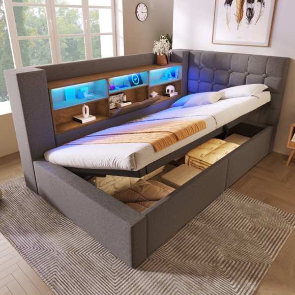 Merax Einzelbett 90x190 cm Polsterbett mit LED-Beleuchtung, hydraulischem Stauraum, L-förmigem Kopfteil mit Stauraum, beidseitig montierbar, Leinen, Grau