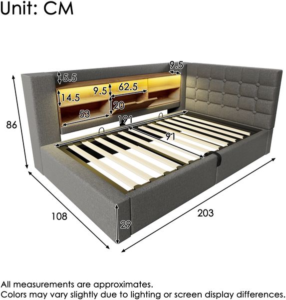 Merax Einzelbett 90x190 cm Polsterbett mit LED-Beleuchtung, hydraulischem Stauraum, L-förmigem Kopfteil mit Stauraum, beidseitig montierbar, Leinen, Grau Bild 4