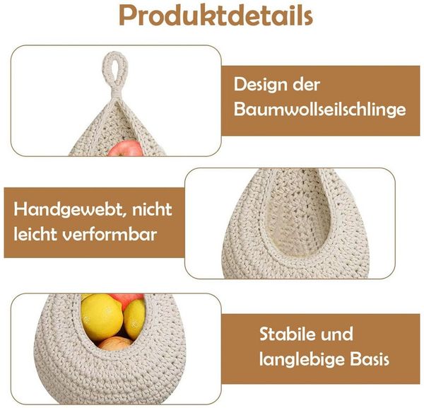 TUWENA Hängekorb 3 Stück Hängend Obstkorb,Handgewebt Baumwollegewebe Aufbewahrungskörbe