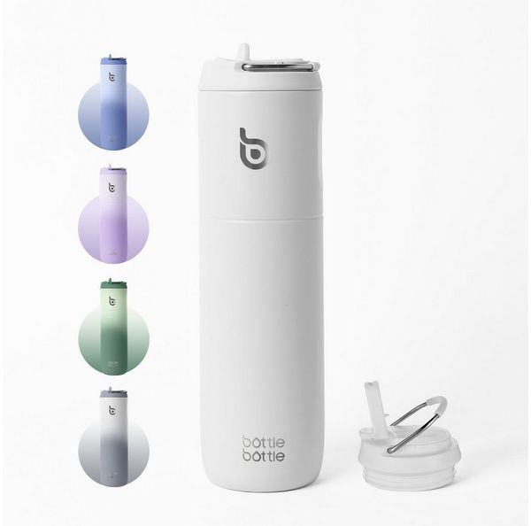 BOTTLE BOTTLE Trinkflasche Isolierte Edelstahl Trinkflasche 750 ml mit Strohhalm, Deckel & Griff, Auslaufsicher, Doppelwandig, für Sport, Reisen & Fitness