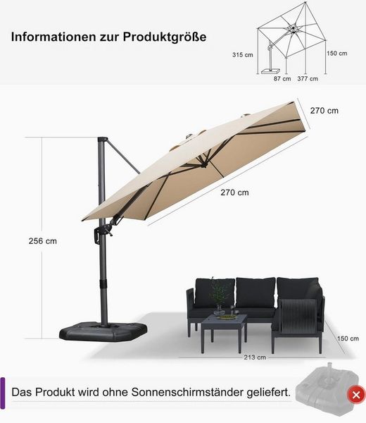 PURPLE LEAF Ampelschirm Quadratischer Terrassenschirm, Seitlich Neigender Sonnenschirm, LxB: 270,00x270,00 cm, für Garten, Terrasse, Pool