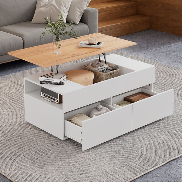 Merax 100cm couchtisch, Höhenverstellbarer Kaffeetisch mit Verstecktem Stauraum, wohnzimmertisch mit 2 schubladen, Sofatisch mit halboffenem Stauraum, Weiß + Holzfarbe
