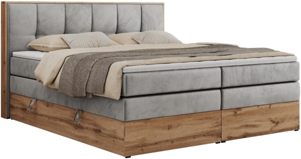 Boxspringbett, Doppelbett mit zwei 7 Härtezonen Multipocket-Matratzen, Bettkästen, Eiche Wotan Holzrahmen, Polsterbett mit Topper-Matratze - ALBERO 1 KING - 140 x 200 cm - Hellgrau Velours - H3 Bild 4