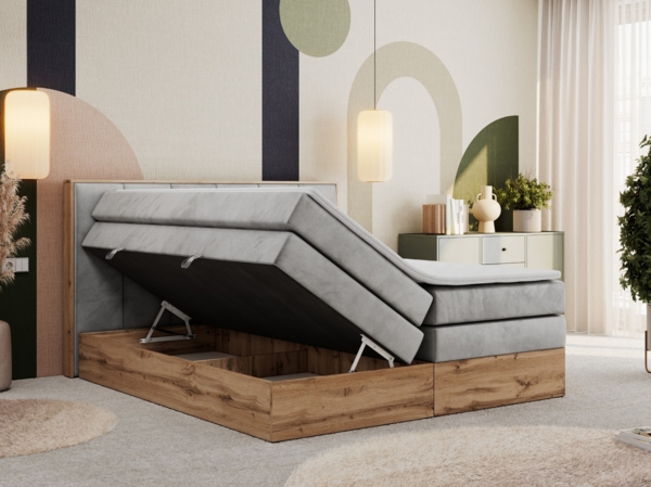 Boxspringbett, Doppelbett mit zwei 7 Härtezonen Multipocket-Matratzen, Bettkästen, Eiche Wotan Holzrahmen, Polsterbett mit Topper-Matratze - ALBERO 1 KING - 140 x 200 cm - Hellgrau Velours - H3 Bild 3