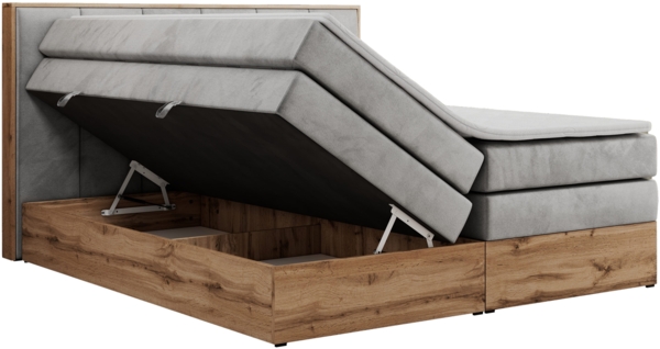 Boxspringbett, Doppelbett mit zwei 7 Härtezonen Multipocket-Matratzen, Bettkästen, Eiche Wotan Holzrahmen, Polsterbett mit Topper-Matratze - ALBERO 1 KING - 140 x 200 cm - Hellgrau Velours - H3 Bild 5