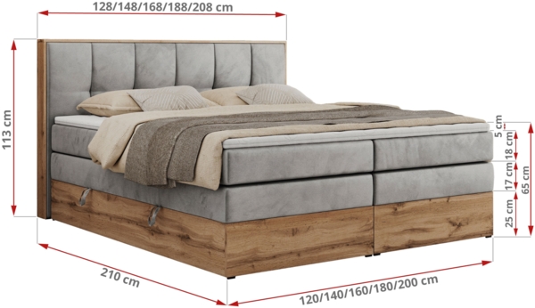 Boxspringbett, Doppelbett mit zwei 7 Härtezonen Multipocket-Matratzen, Bettkästen, Eiche Wotan Holzrahmen, Polsterbett mit Topper-Matratze - ALBERO 1 KING - 140 x 200 cm - Hellgrau Velours - H3 Bild 6