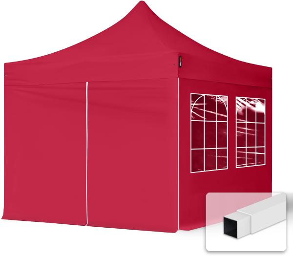 3x3 m Faltpavillon, ECONOMY Stahl 30mm, Seitenteile mit Sprossenfenstern, rot