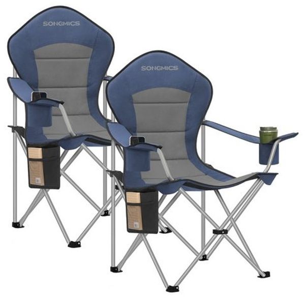 SONGMICS Campingstuhl 2er Set, klappbar, Klappstuhl, breiter Sitz, hohe Rückenlehne, Outdoor-Stuhl, tragbar, Outdoor-Stuhl, Getränkehalter, Handyhalter, Stoff-Organizer, blau-grau